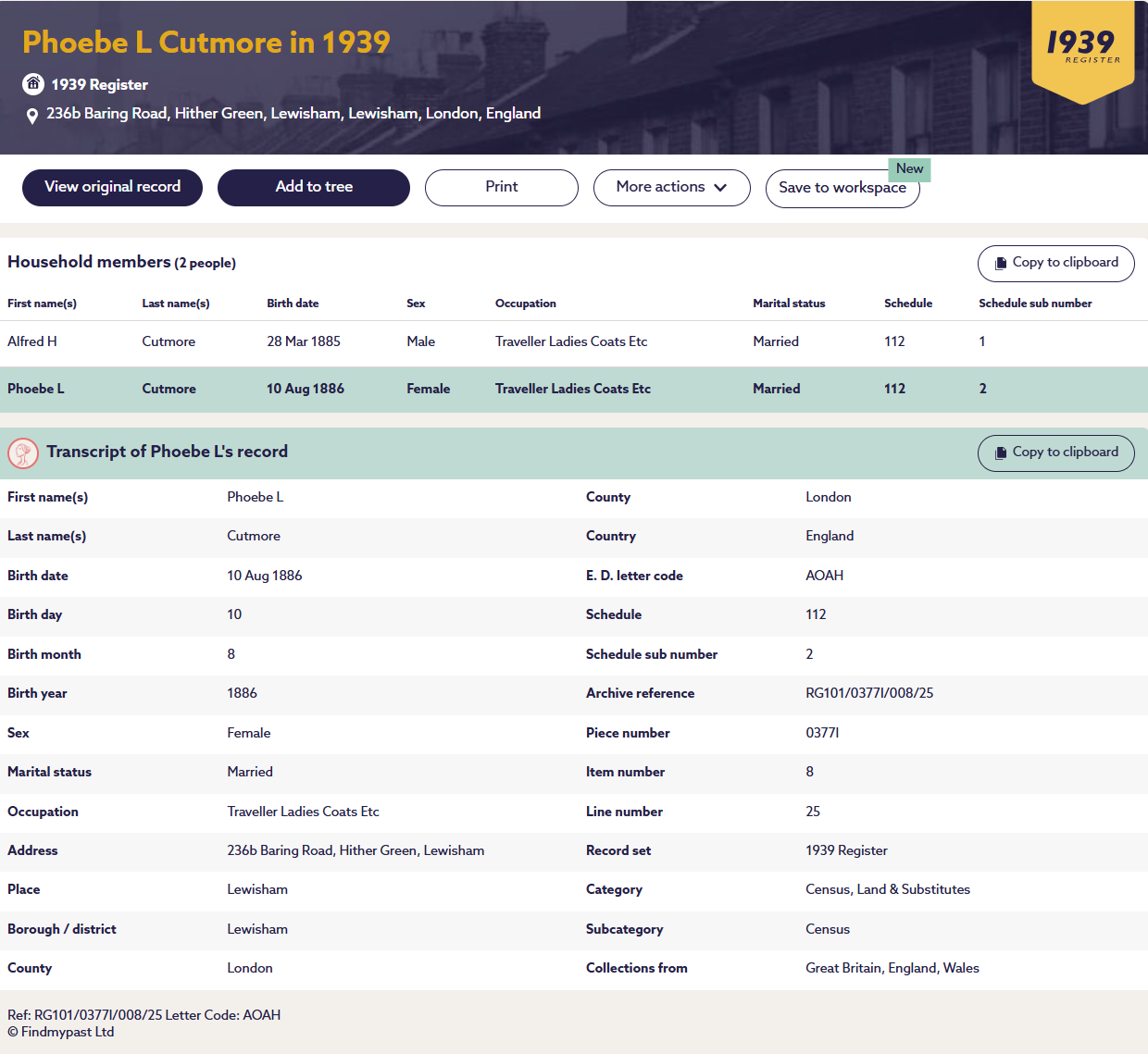 1939 Register Phoebe Cutmore Hither Green